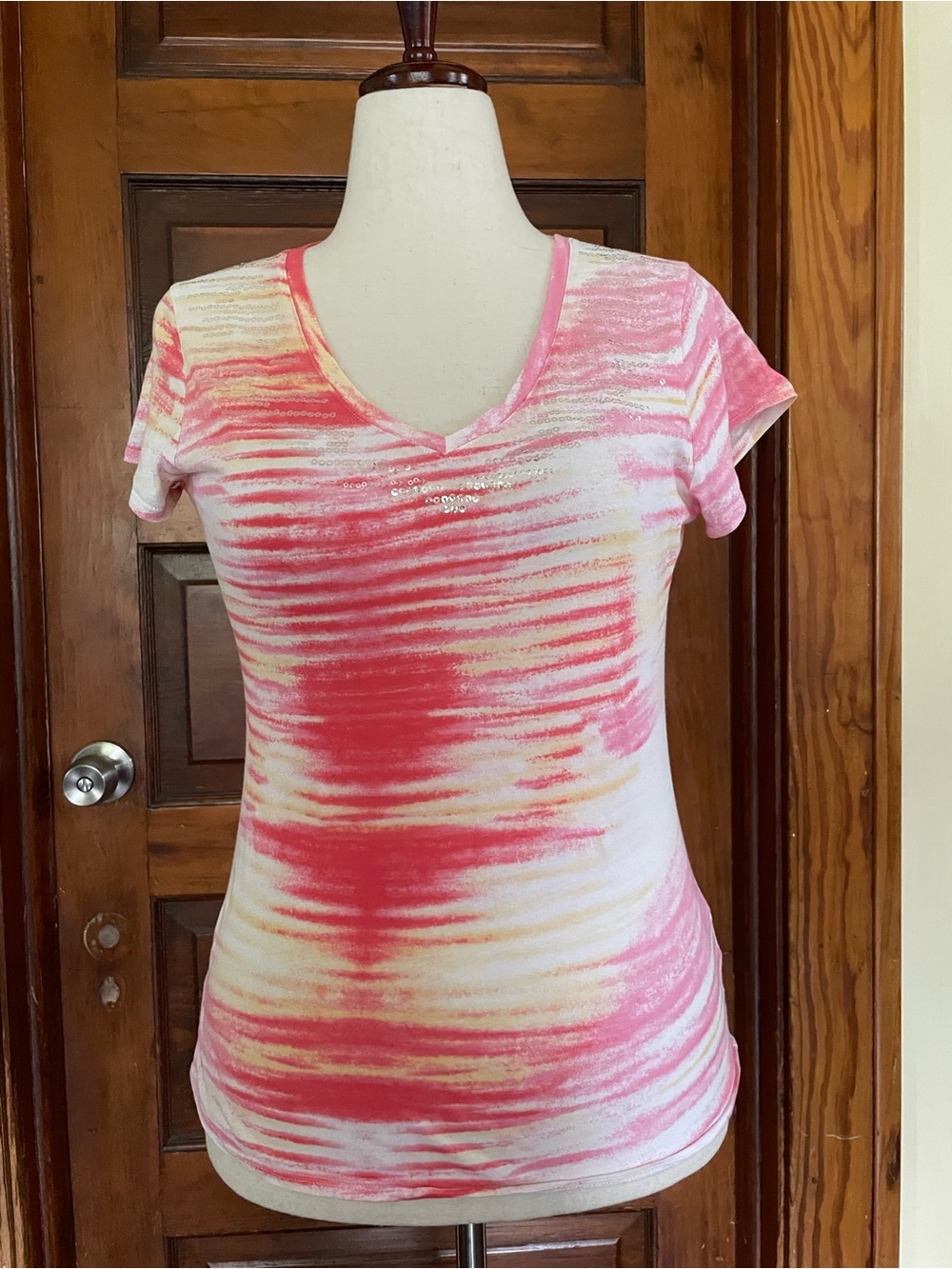 Calvin Klein Pink & Cream Tie-Dye V-Neck Short Sleeve Tee